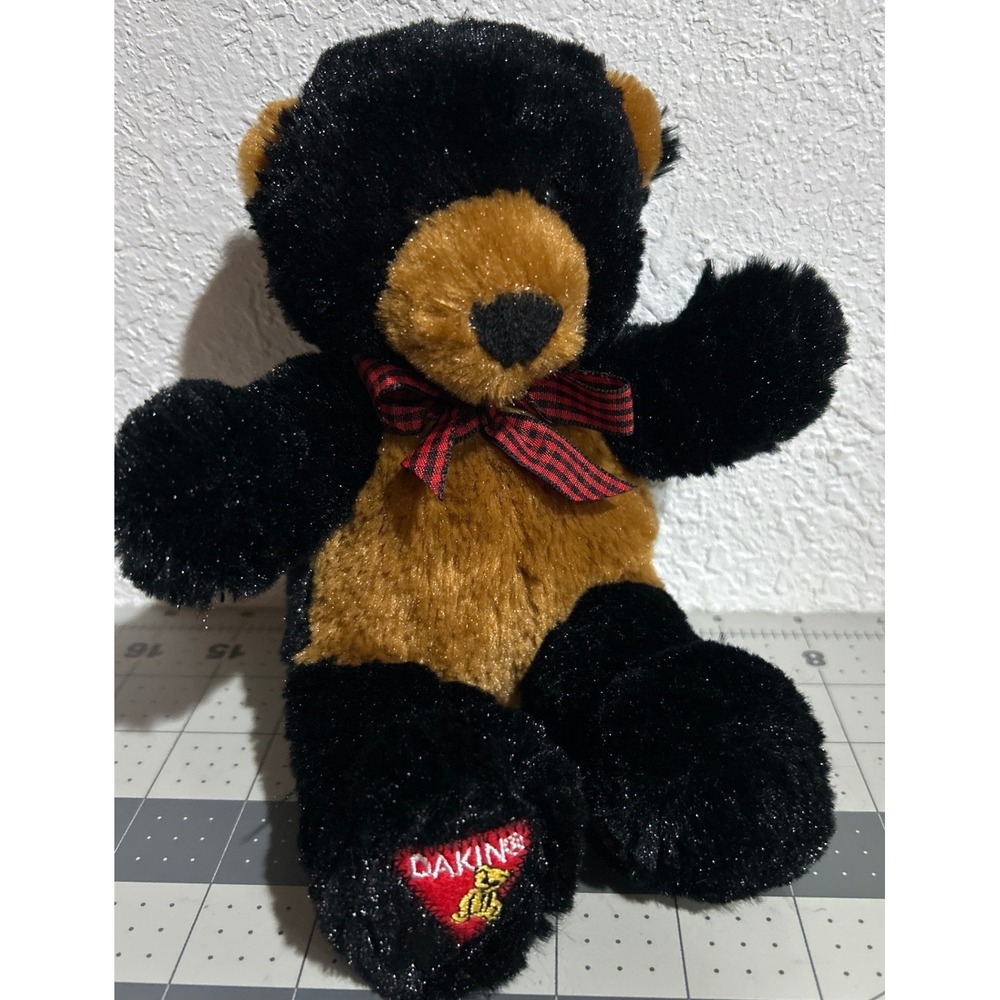 Vintage Dakin Black Brown Teddy Bear Plaid Bow Shimmer Plush 9 inch Red Logo